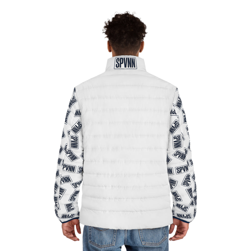Men's Puffer Jacket — White Logo Print Sleeves (SPVNN)