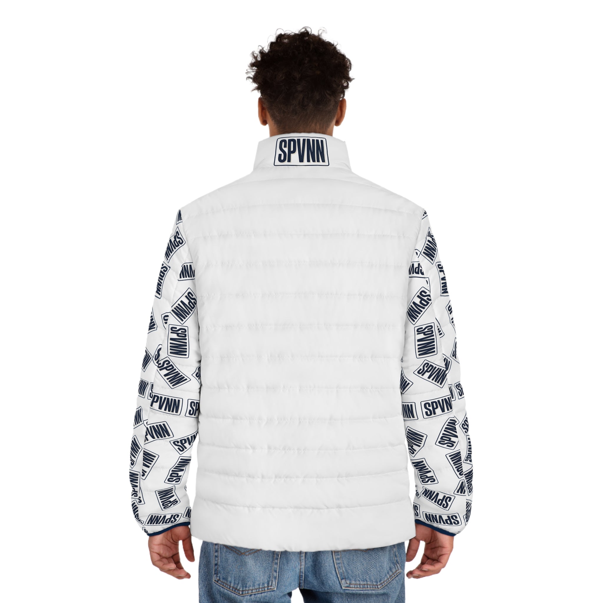 Men's Puffer Jacket — White Logo Print Sleeves (SPVNN)
