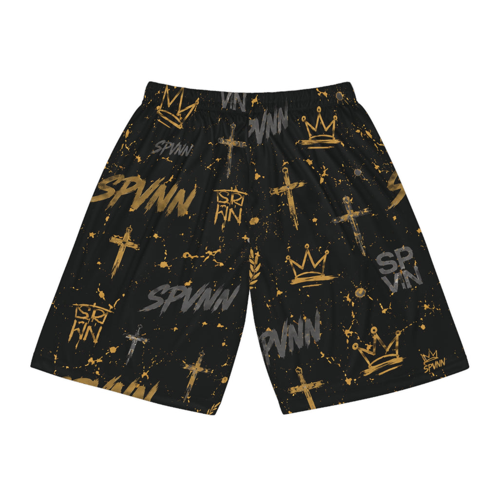 Spvnn Crown & Cross All-Over Print Basketball Shorts — Black/Gold Streetwear