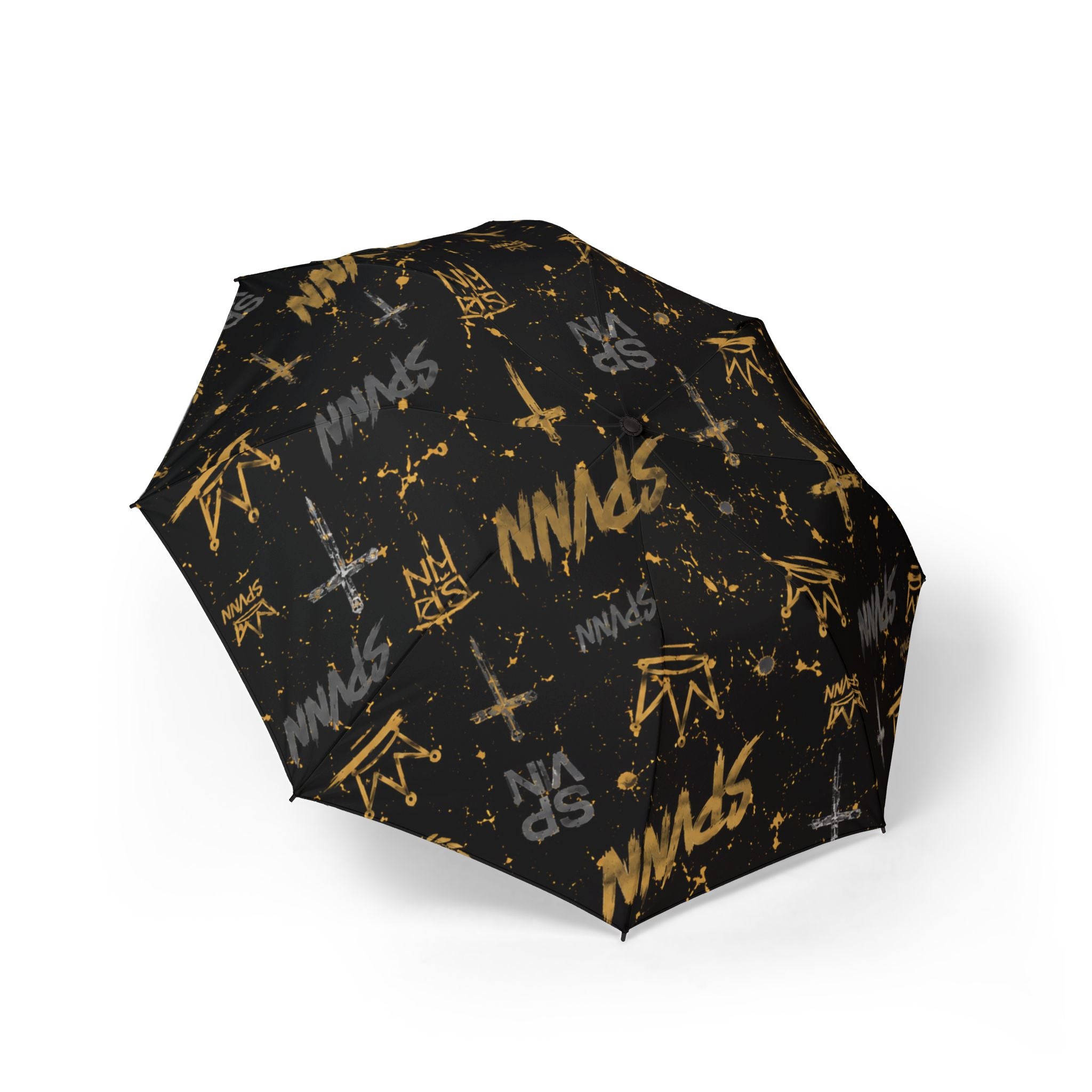 Compact Foldable Umbrella — Black & Gold Graffiti Print, Semi-Automatic Rain Shield