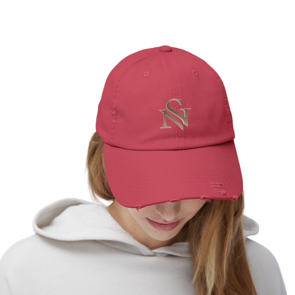 Distressed Black Baseball Cap with Gold 'SN' Monogram — Vintage Casual Hat
