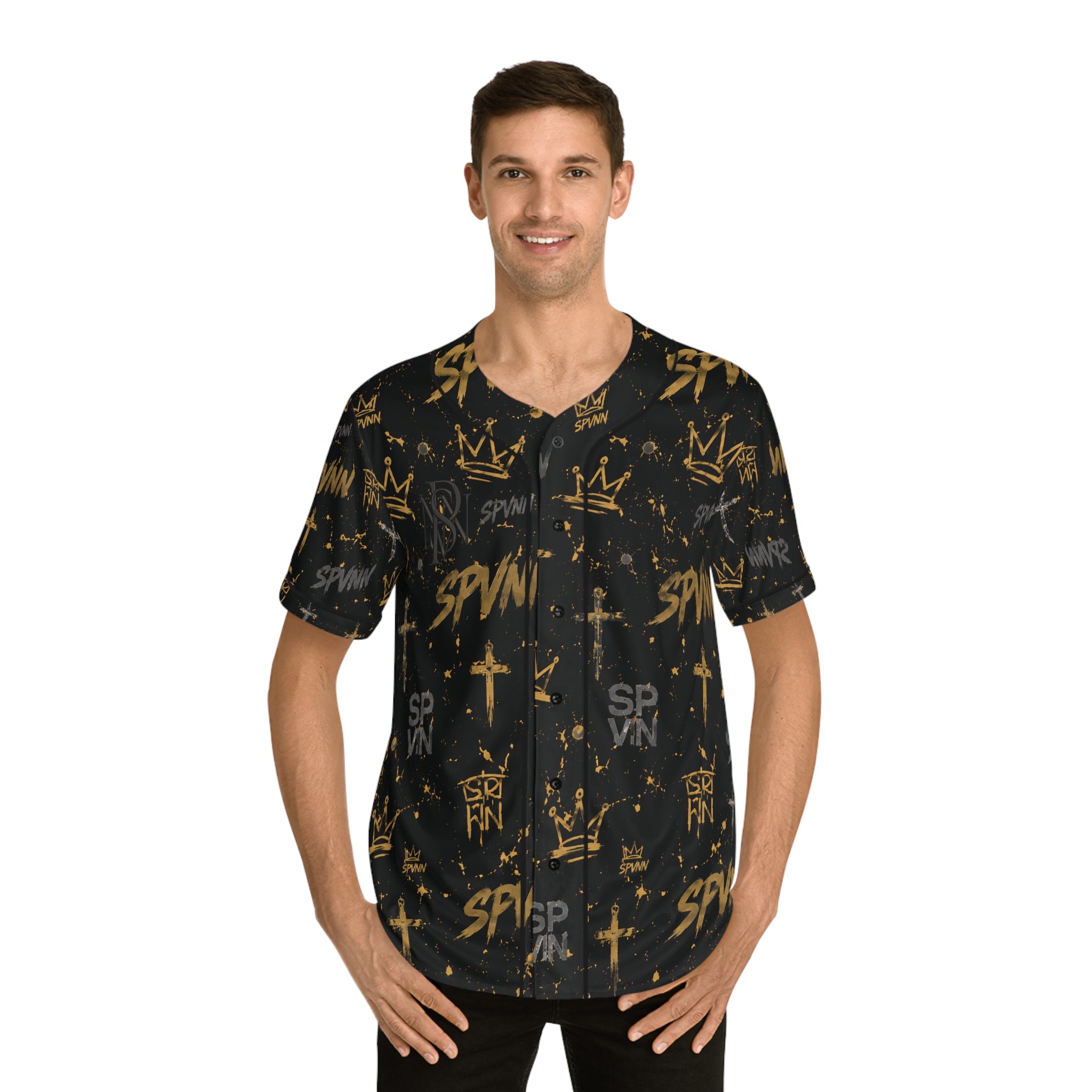 Built Different Baseball Jersey — Black & Gold All-Over Print