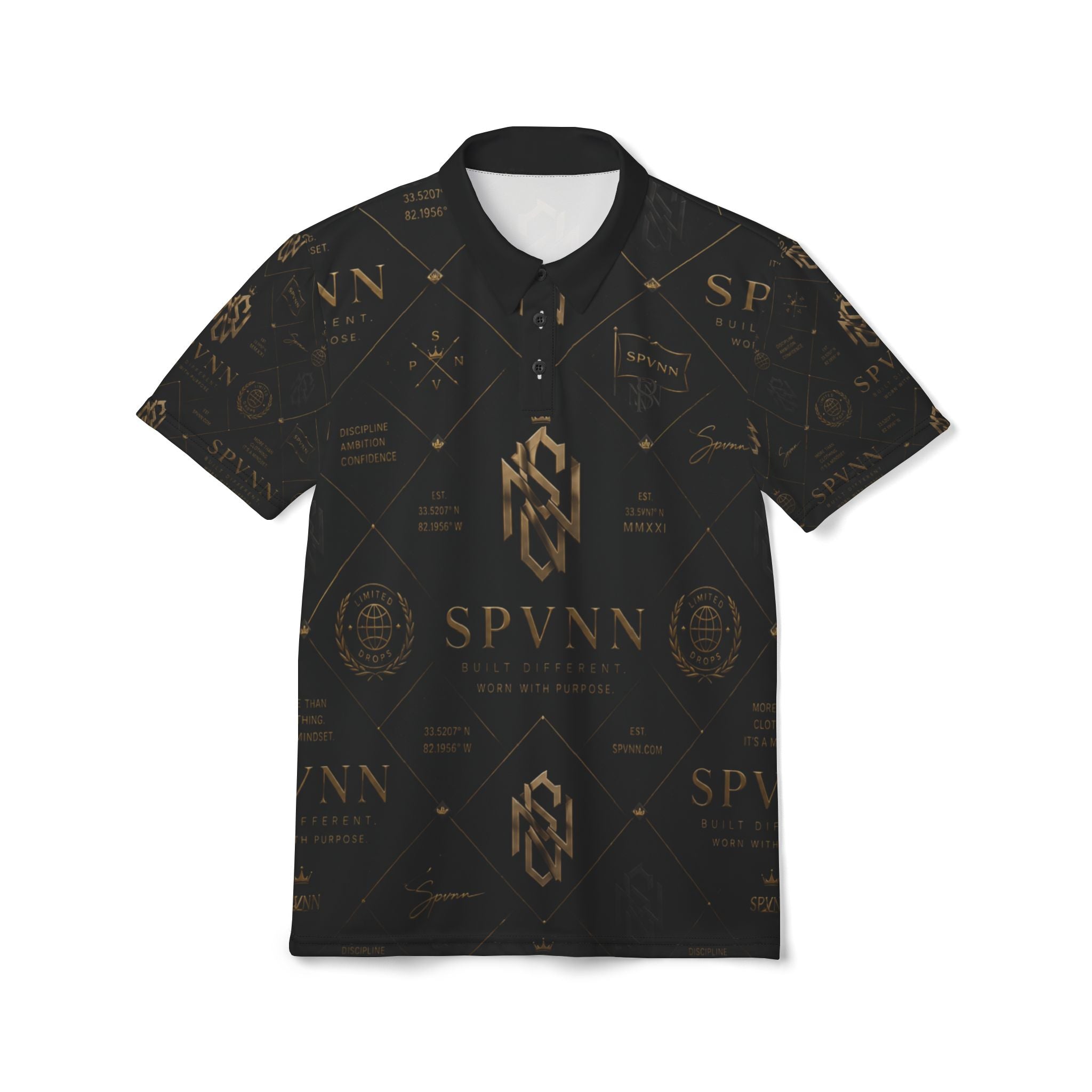 Luxury Monogram Polo Shirt — SPVNN Gold Emblem All-Over Print