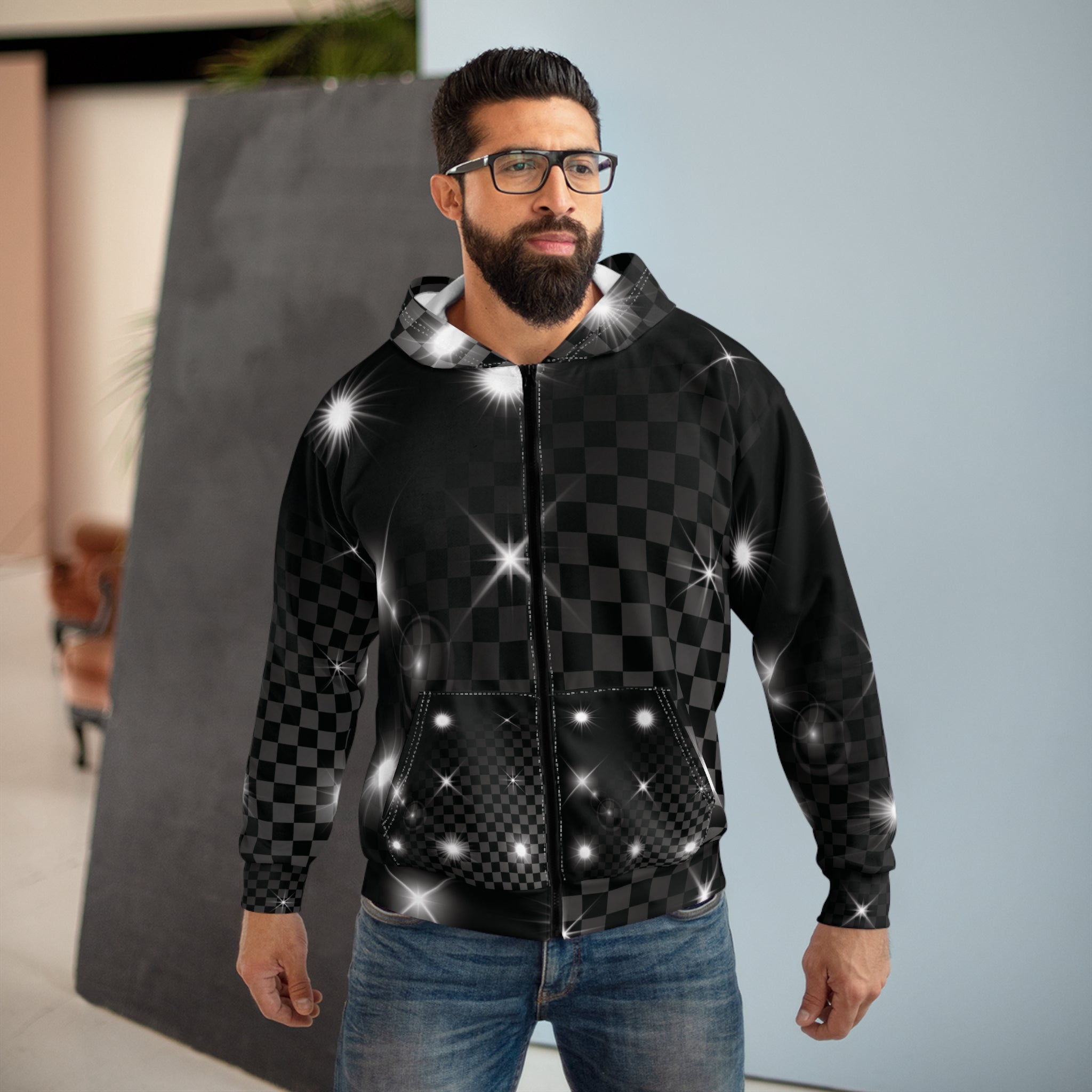 Black Checkerboard Zip Hoodie