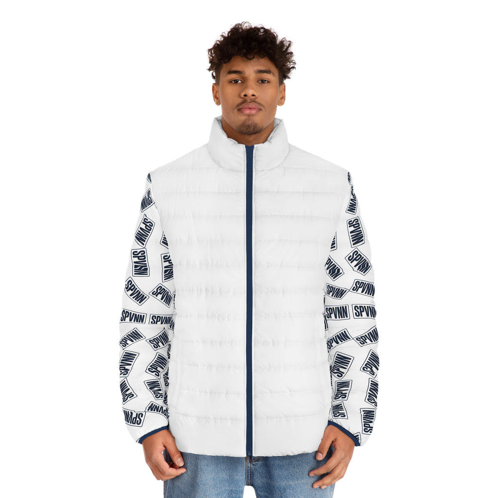 Men's Puffer Jacket — White Logo Print Sleeves (SPVNN)