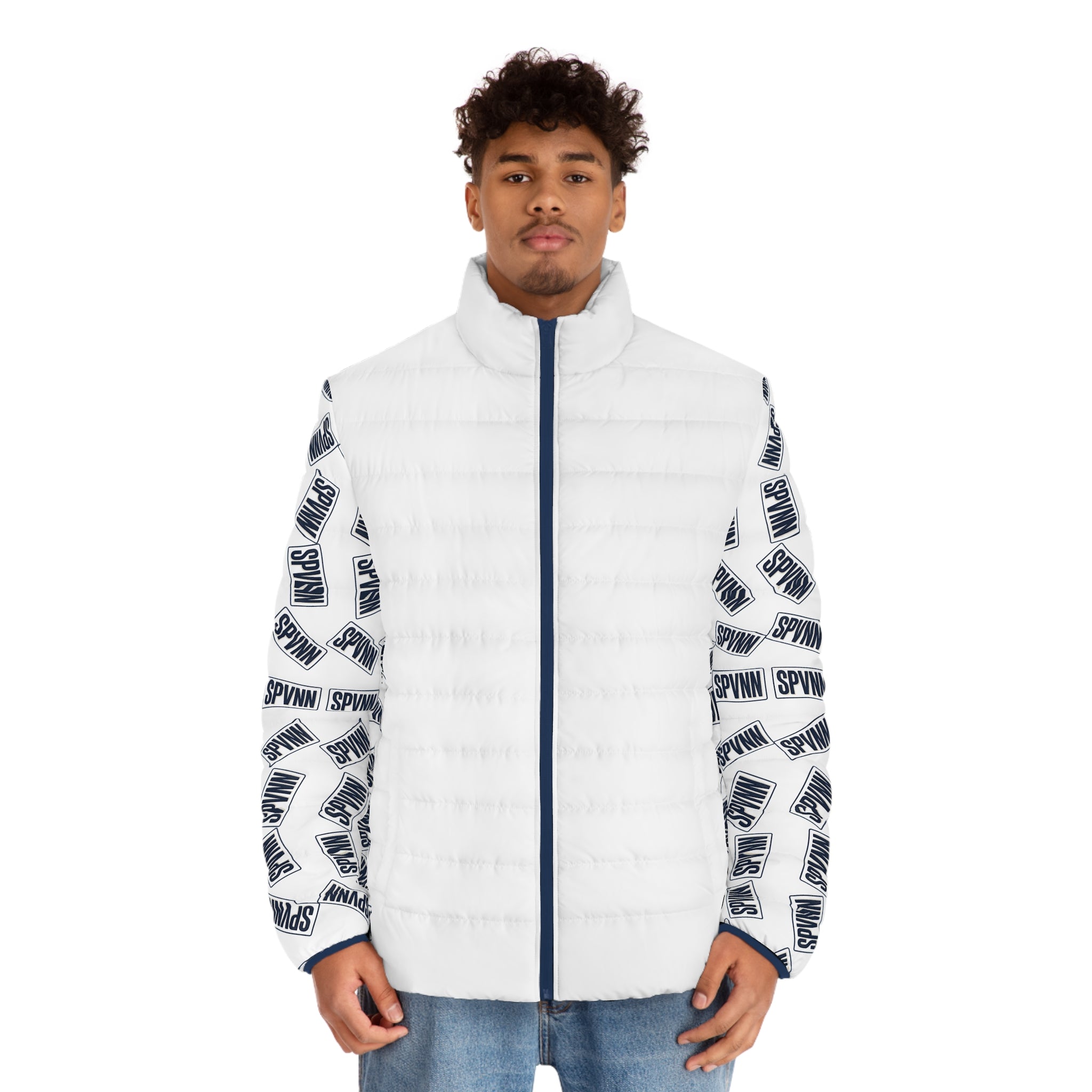 Men's Puffer Jacket — White Logo Print Sleeves (SPVNN)