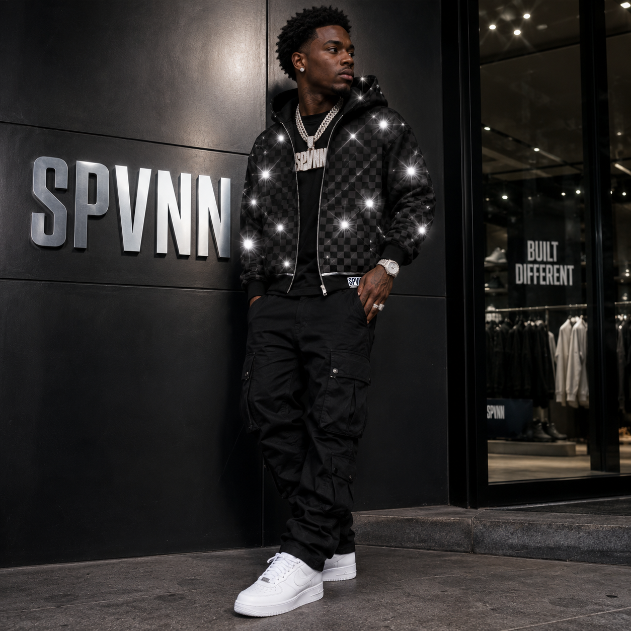 Black Checkerboard Zip Hoodie
