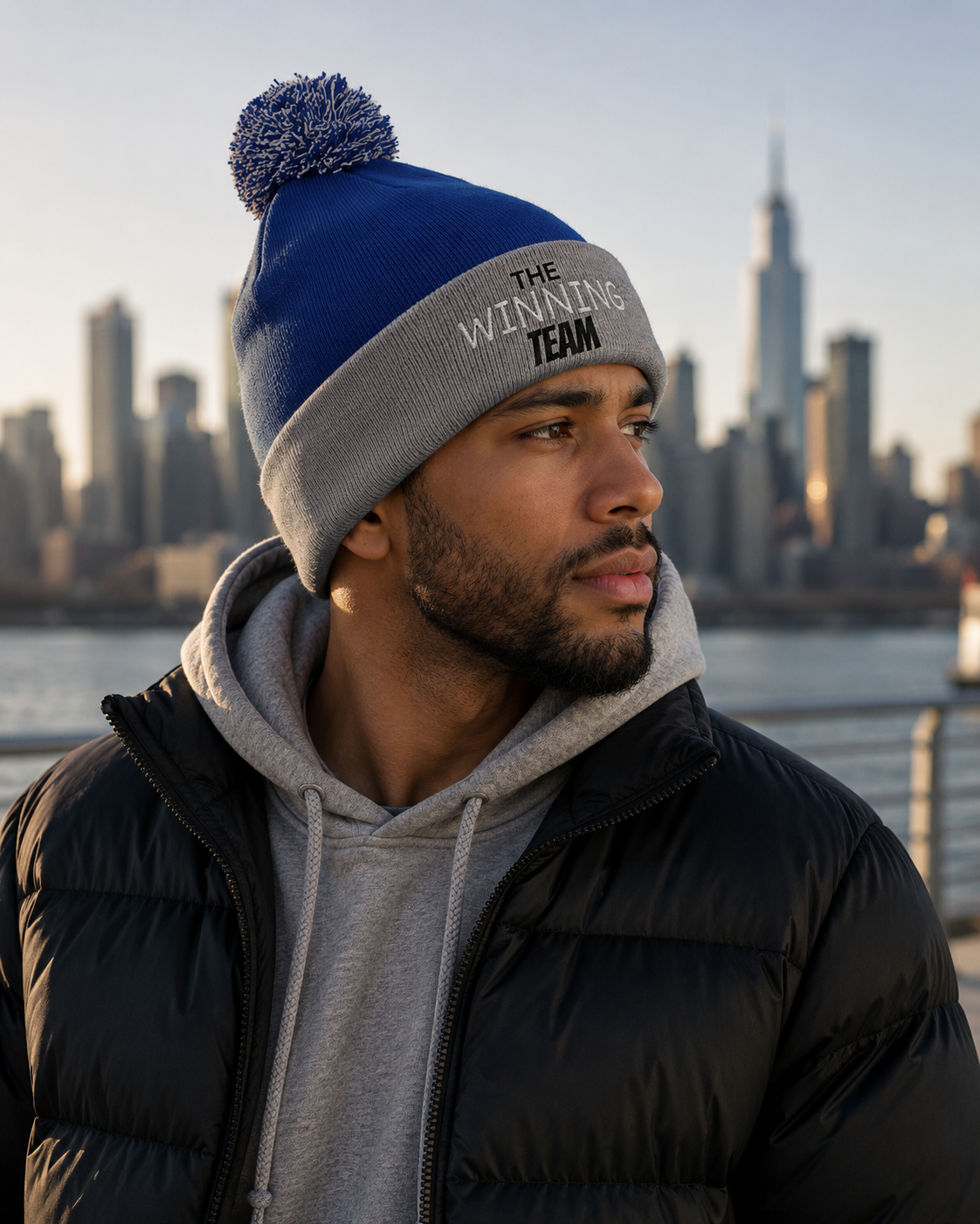 The Winning Team Pom-Pom Knit Cap — Embroidered Beanie