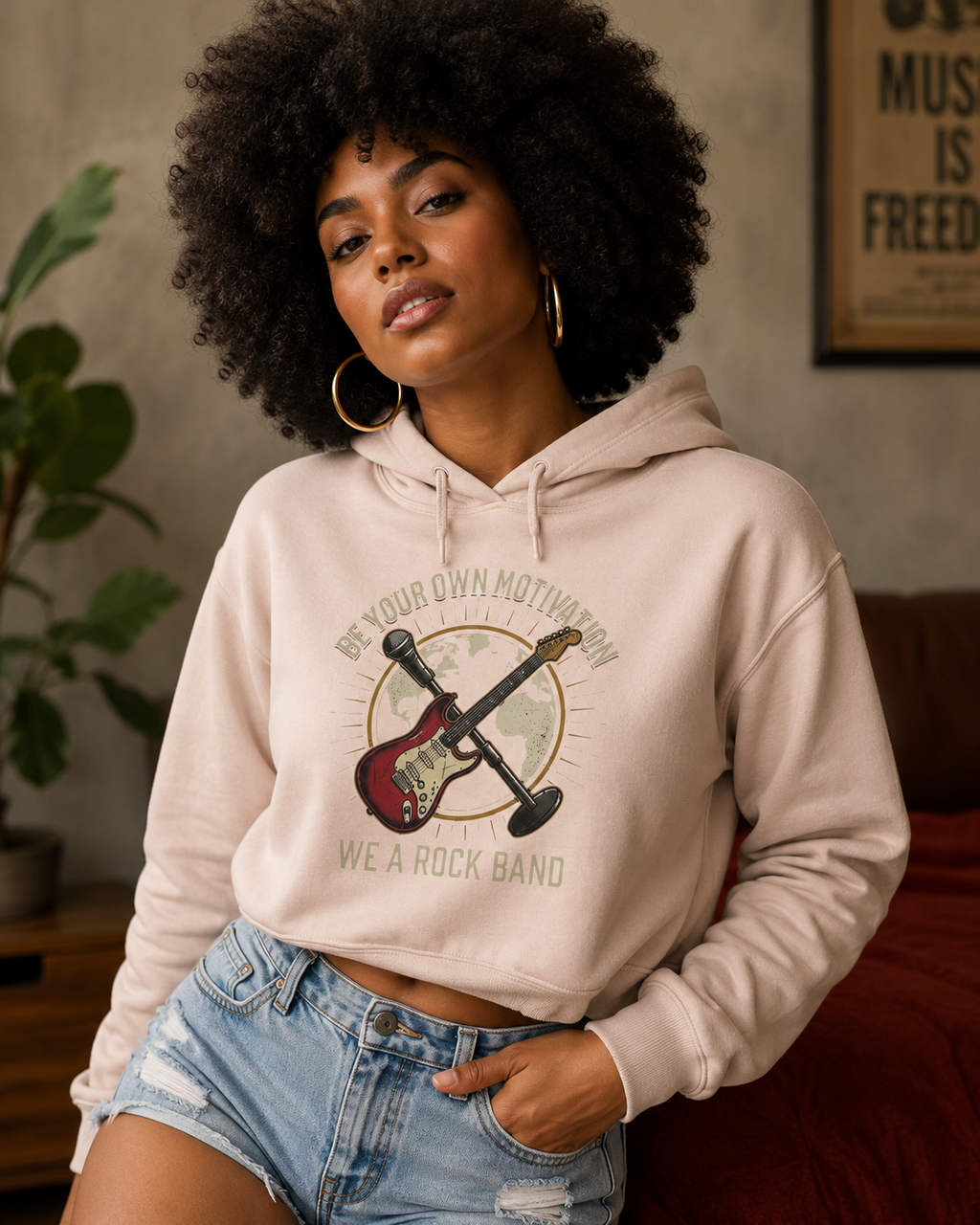 Worldwide Rock Band Crop Hoodie — "Play Your Own Motown" Guitar Graphic