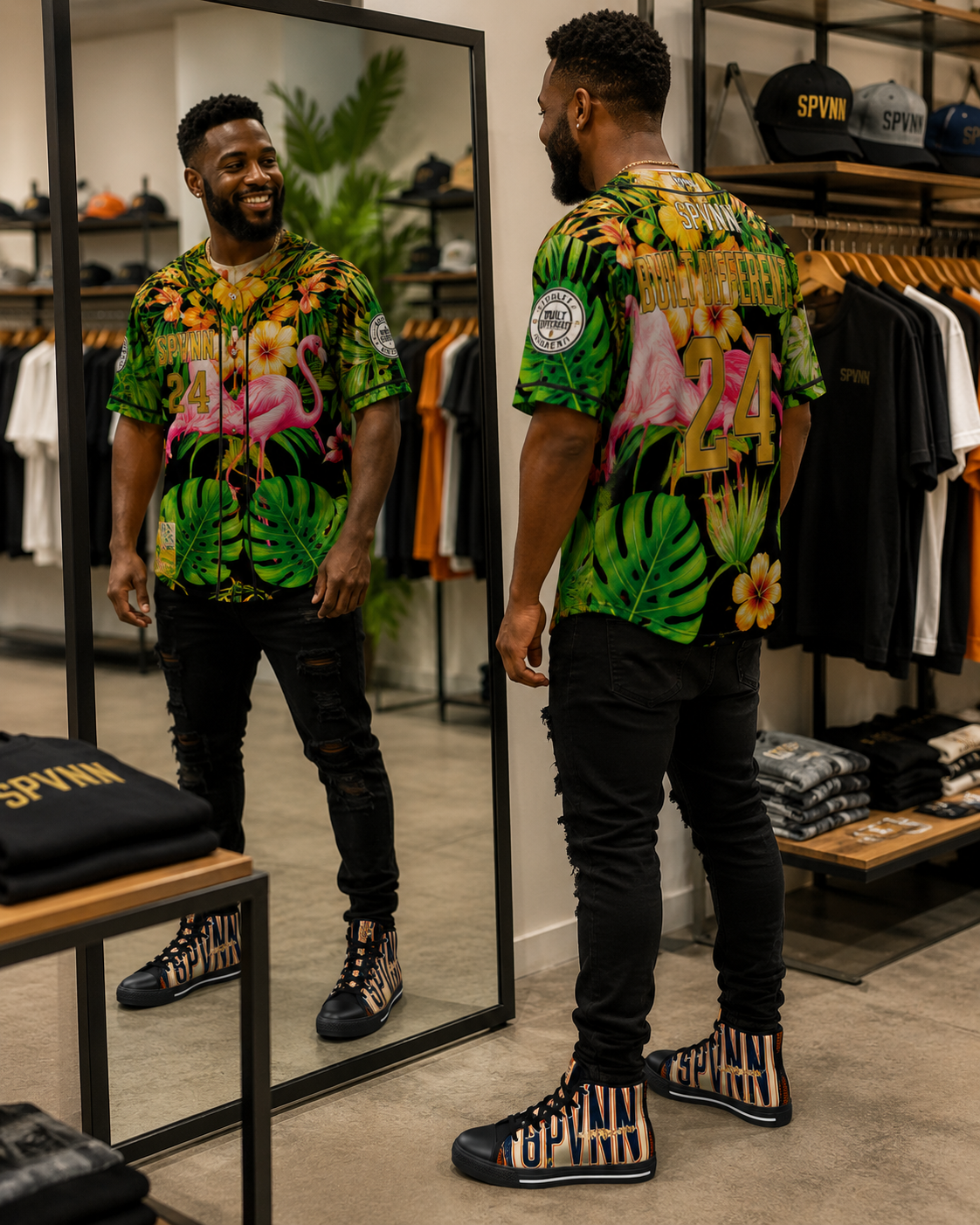 Tropical Flamingo Baseball Jersey — "Built Different 24"