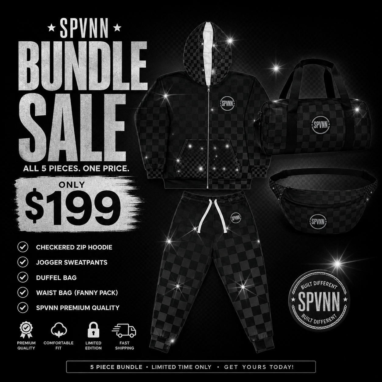 Checkered Jogging Sweats Suit + Fanny pack + Duffel