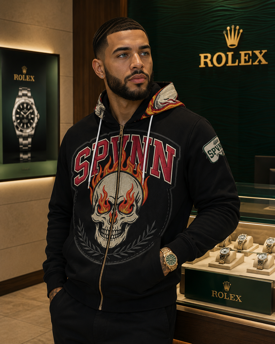 SPVNN Flame Skull Zip Hoodie — Men’s Graphic Full-Zip
