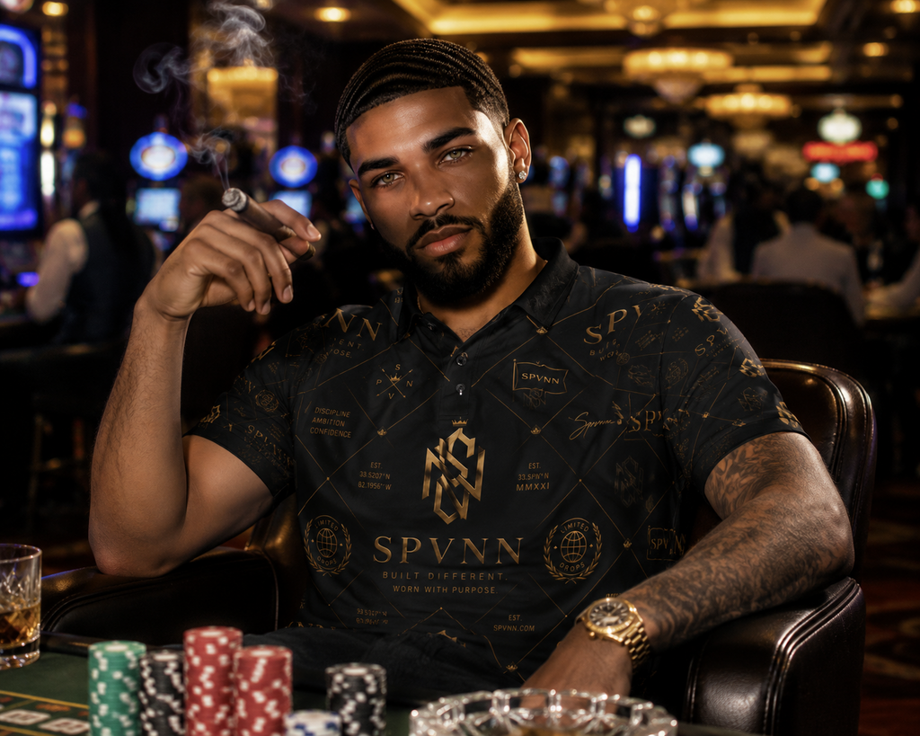 Luxury Monogram Polo Shirt — SPVNN Gold Emblem All-Over Print