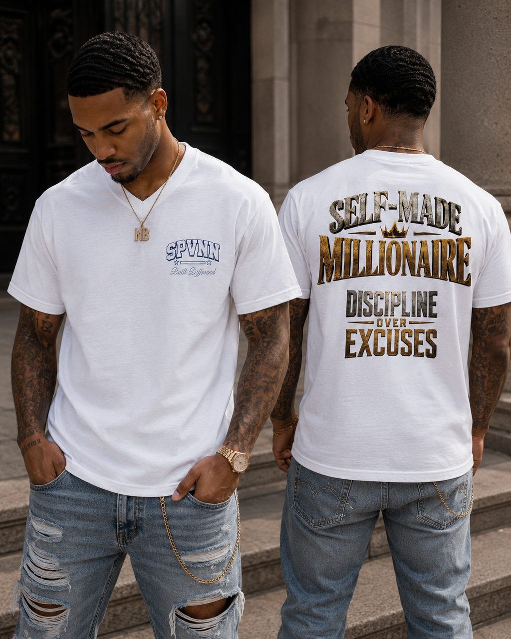V-Neck Tee - "Self-Made Millionaire" Motivational
